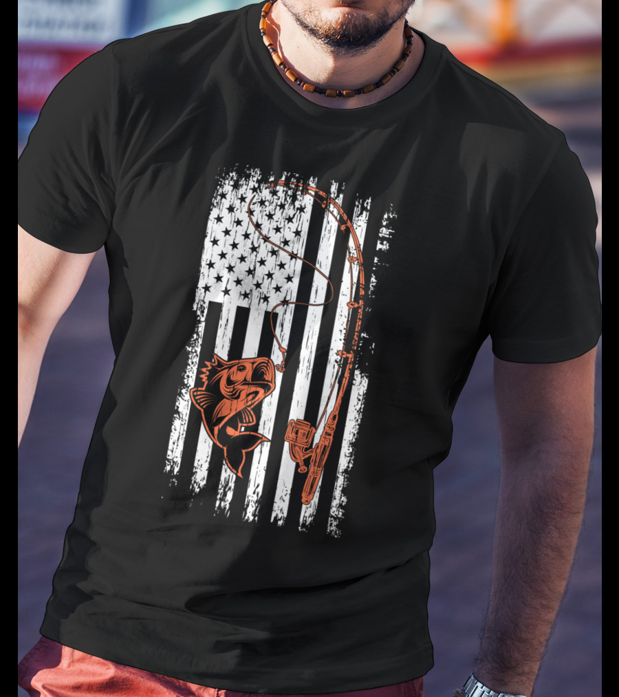 USA Fishing Flag Bass And Rod American Flag T-Shirt