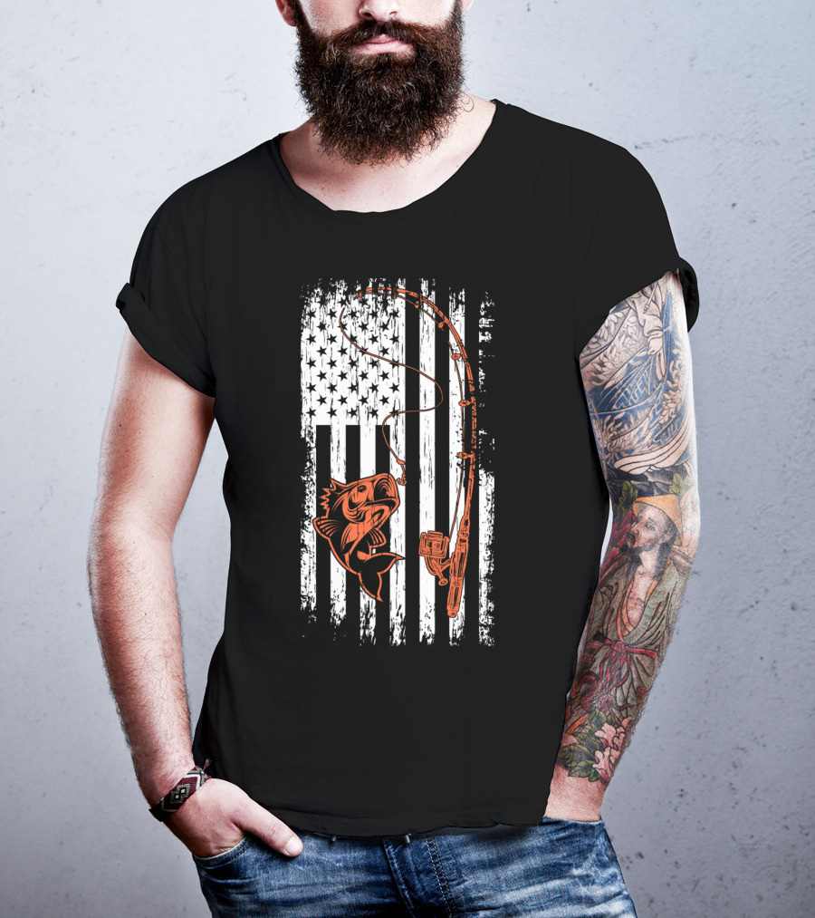 USA Fishing Flag Bass And Rod American Flag T-Shirt