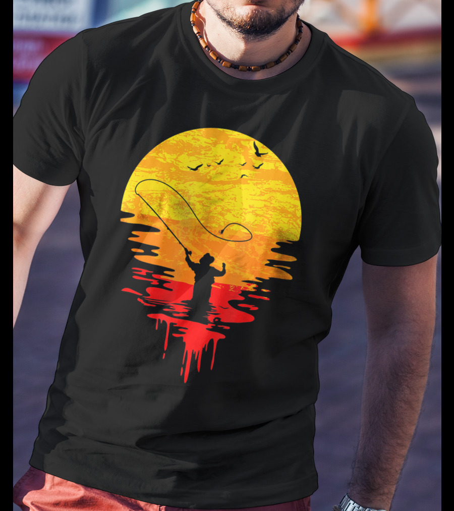 Fly Fishing At Sunset Vintage Style Silhouette With Birds T-Shirt