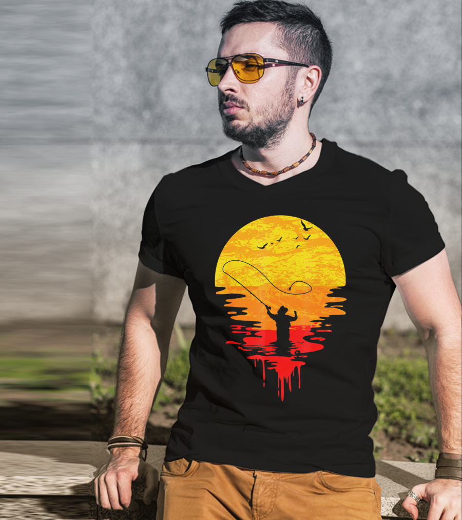 Fly Fishing At Sunset Vintage Style Silhouette With Birds T-Shirt