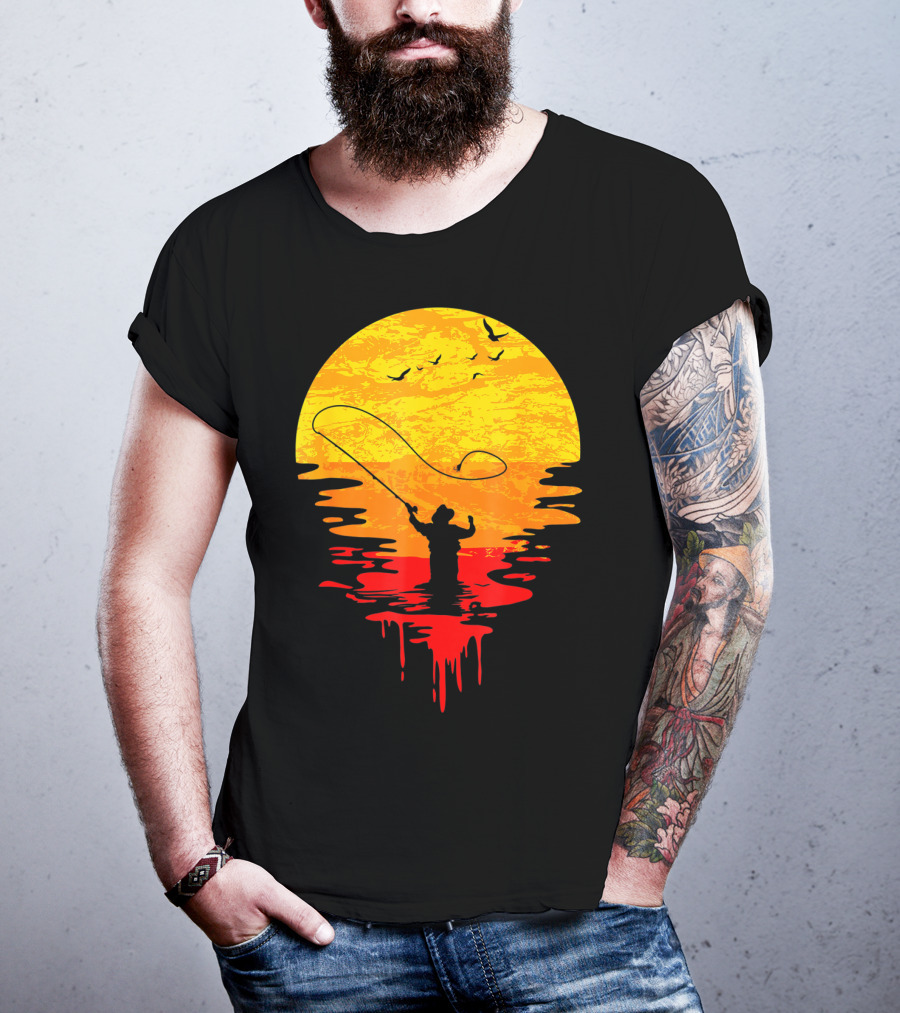Fly Fishing At Sunset Vintage Style Silhouette With Birds T-Shirt