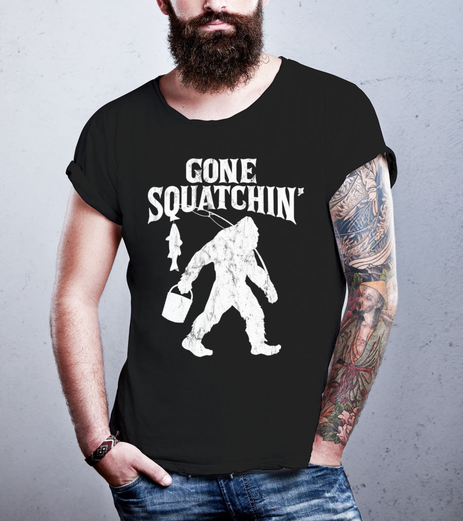 Gone Squatchin Bigfoot Fishing Pole Bucket Fish T-Shirt