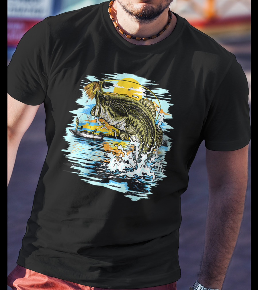Large Mouth Bass Catching Fly Fishing Adventure In Scenic Lake Sunrise T-Shirt