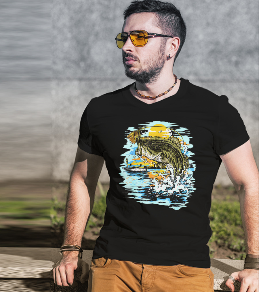 Large Mouth Bass Catching Fly Fishing Adventure In Scenic Lake Sunrise T-Shirt