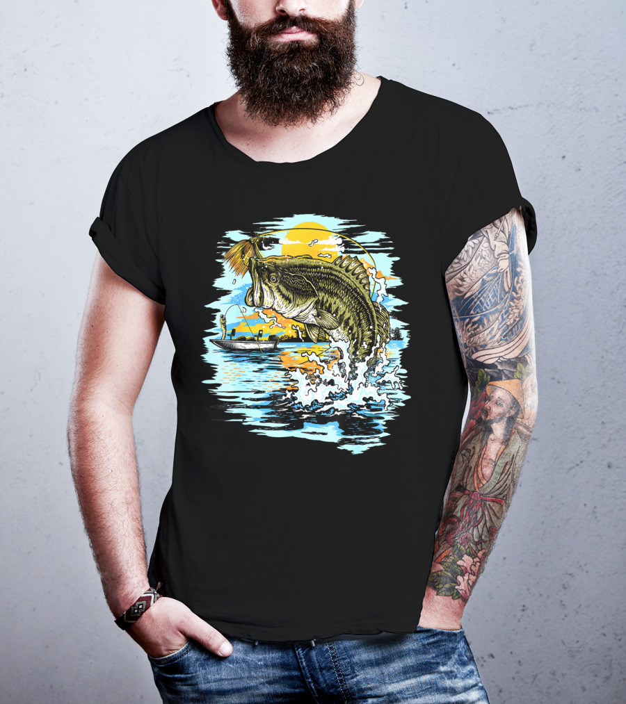 Large Mouth Bass Catching Fly Fishing Adventure In Scenic Lake Sunrise T-Shirt