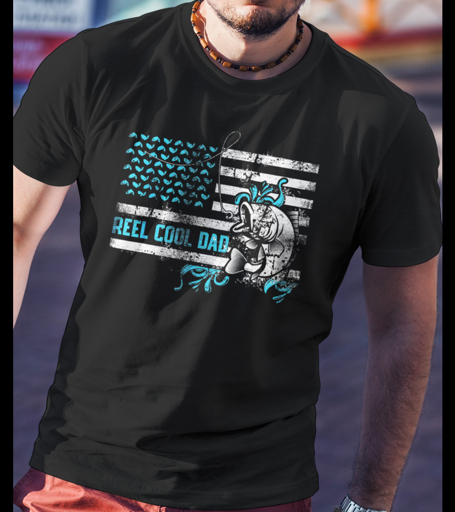 Reel Cool Dad Fishing Funny Fisherman With Fish And American Flag T-Shirt