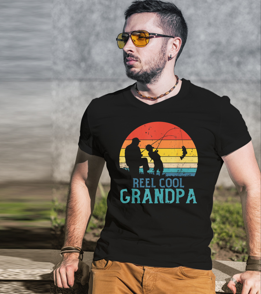 Reel Cool Grandpa Fishing Sunset T-Shirt