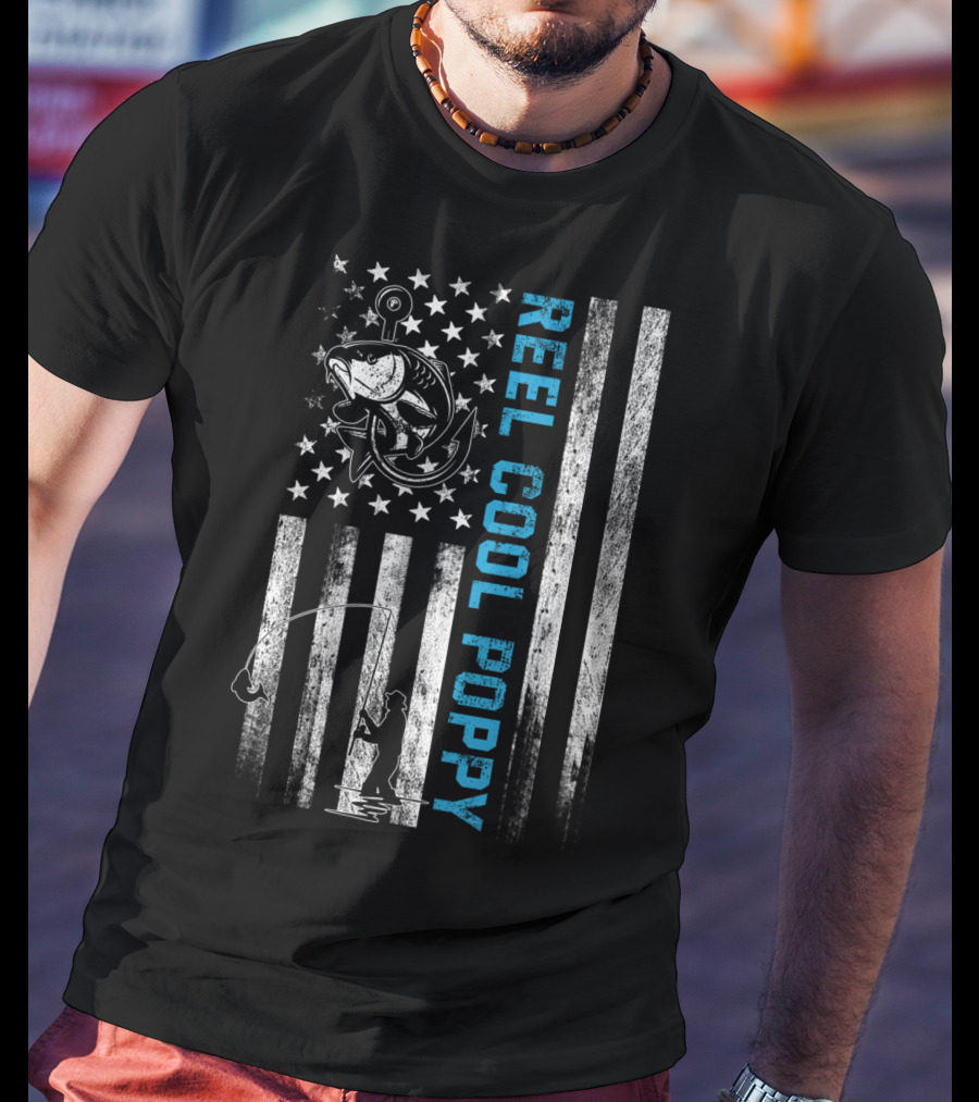 Reel Cool Poppy American Flag Fishing Fish Stars Stripes T-Shirt