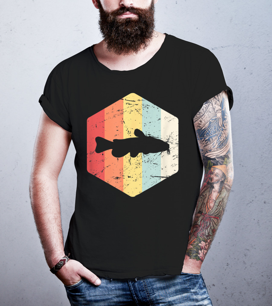 Retro Vintage Catfish Fresh Water Fish Fishing Stripes T-Shirt