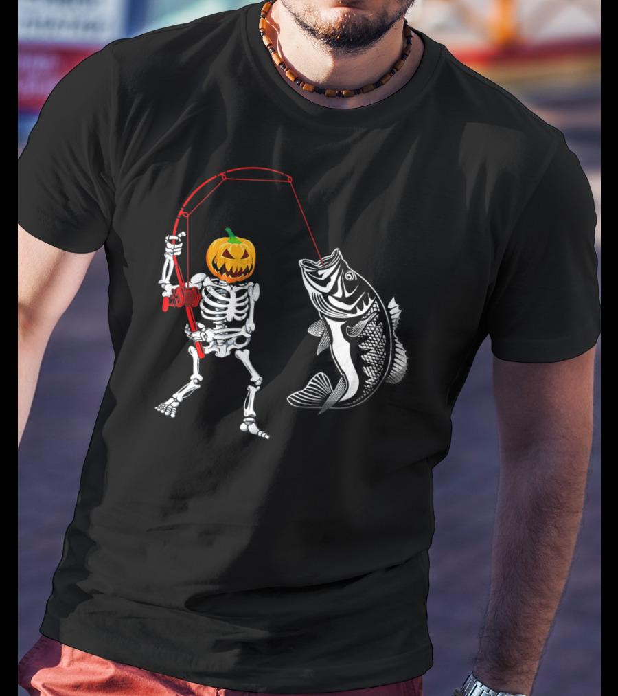 Halloween Pumpkin Skeleton Fishing With Bass Catch T-Shirt