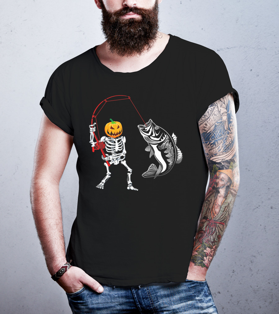 Halloween Pumpkin Skeleton Fishing With Bass Catch T-Shirt