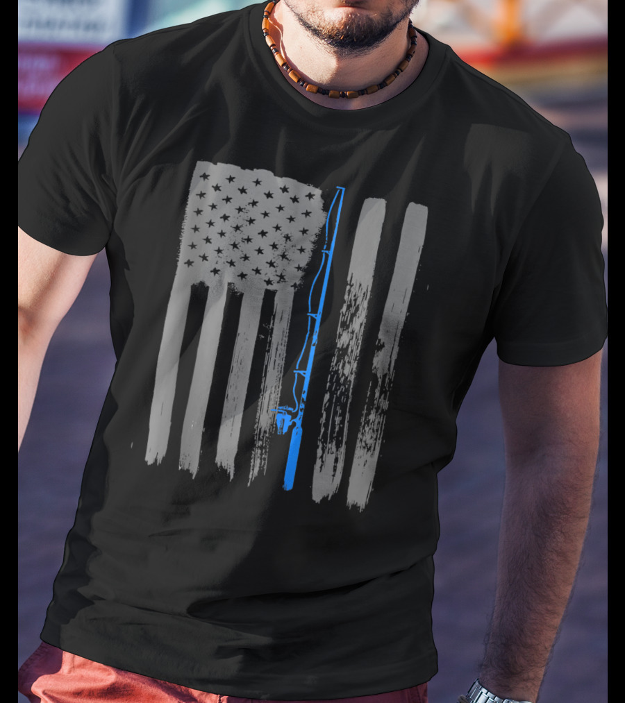 Vintage American Flag Fishing Pole Blue Line T-Shirt