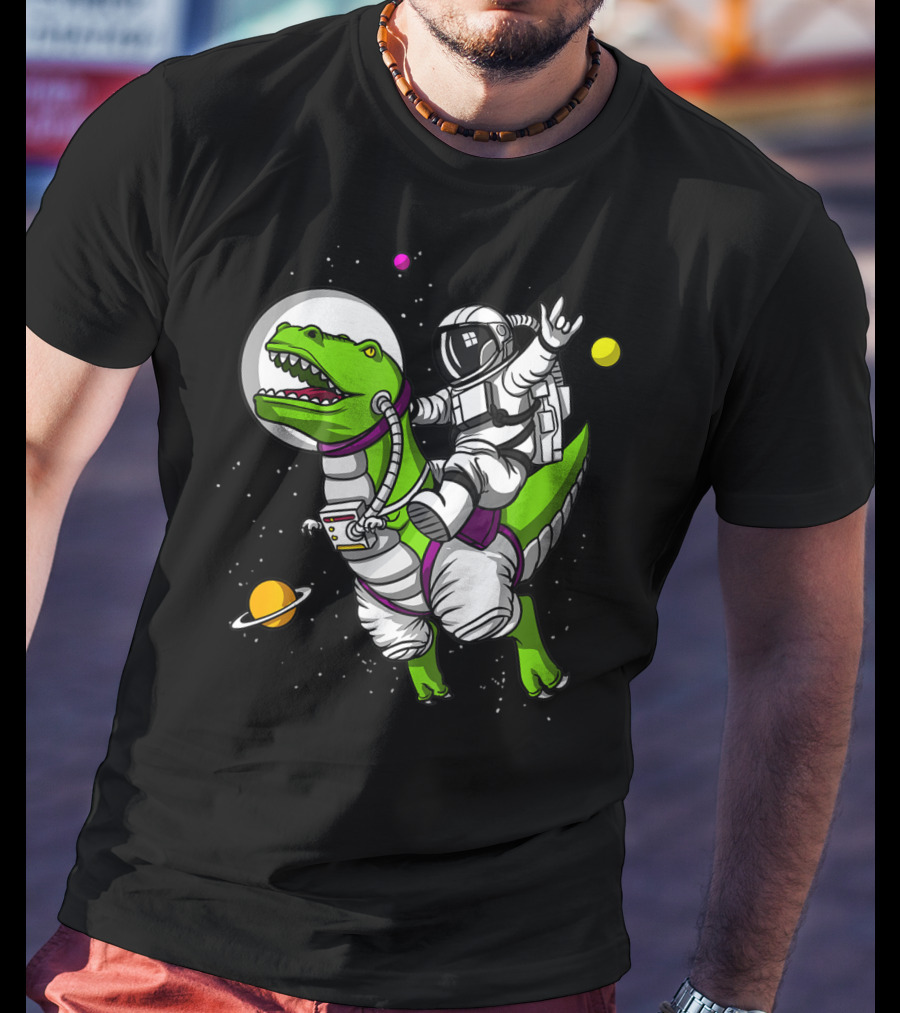 Astronaut Riding TRex Dinosaur In Outer Space With Planets T-Shirt