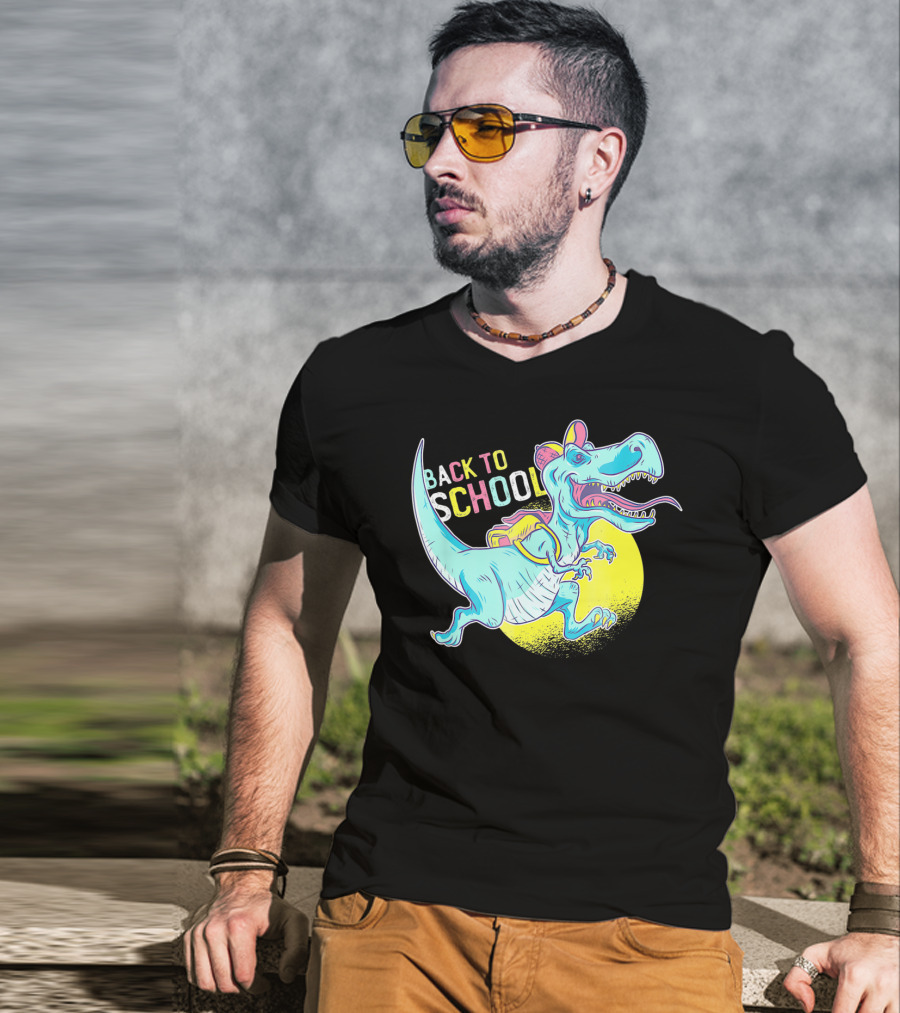 Back To School T-Rex Dinosaur With Backpack And Cap T-Shirt