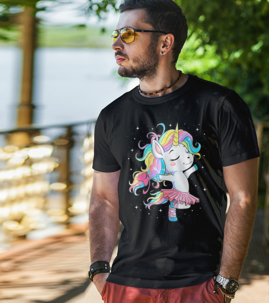 Ballet Dancer Unicorn Kids Girls Rainbow Ballerina Twirling Among Stars T-Shirt