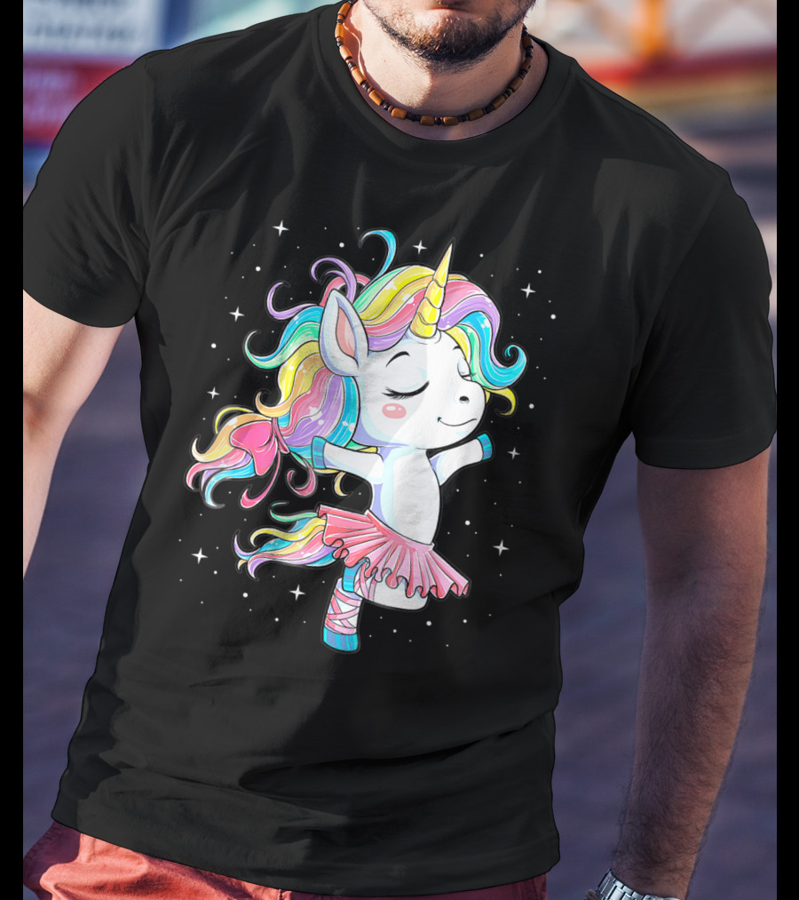 Ballet Dancer Unicorn Kids Girls Rainbow Ballerina Twirling Among Stars T-Shirt