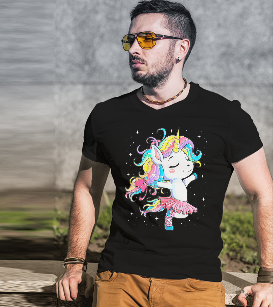 Ballet Dancer Unicorn Kids Girls Rainbow Ballerina Twirling Among Stars T-Shirt