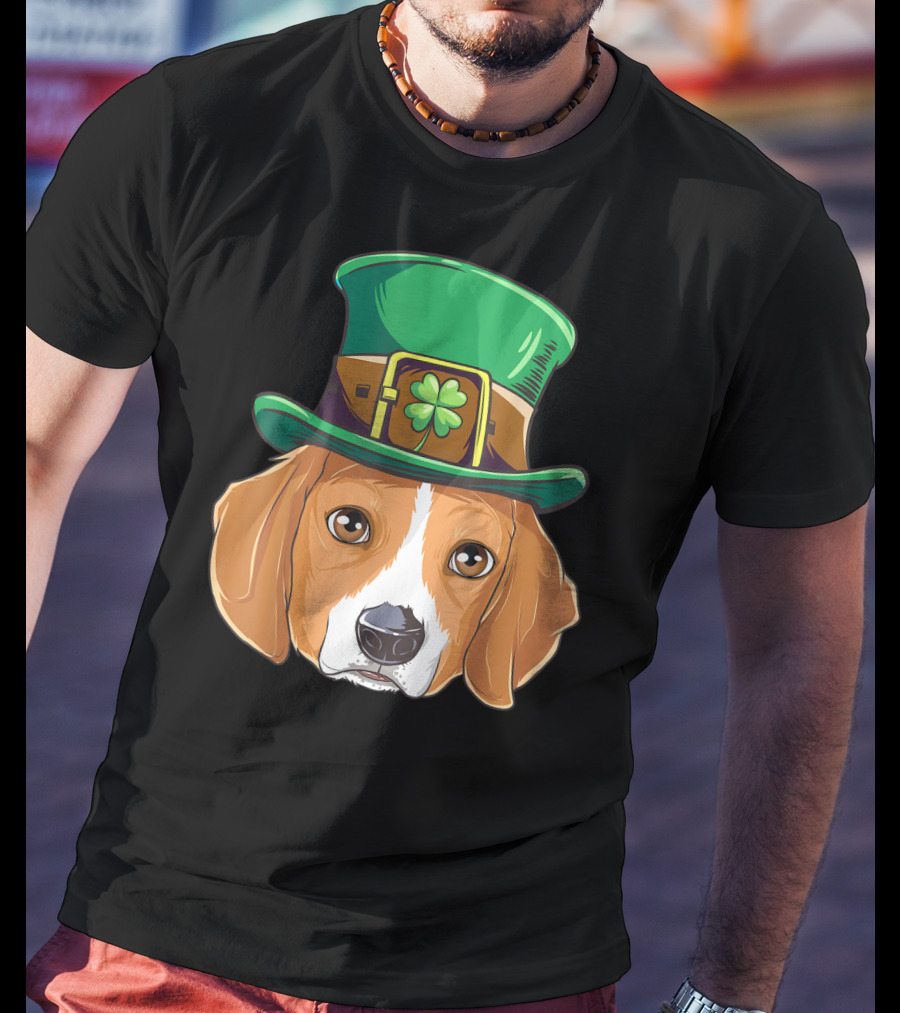 Beagle Wearing Leprechaun Hat With Shamrock T-Shirt