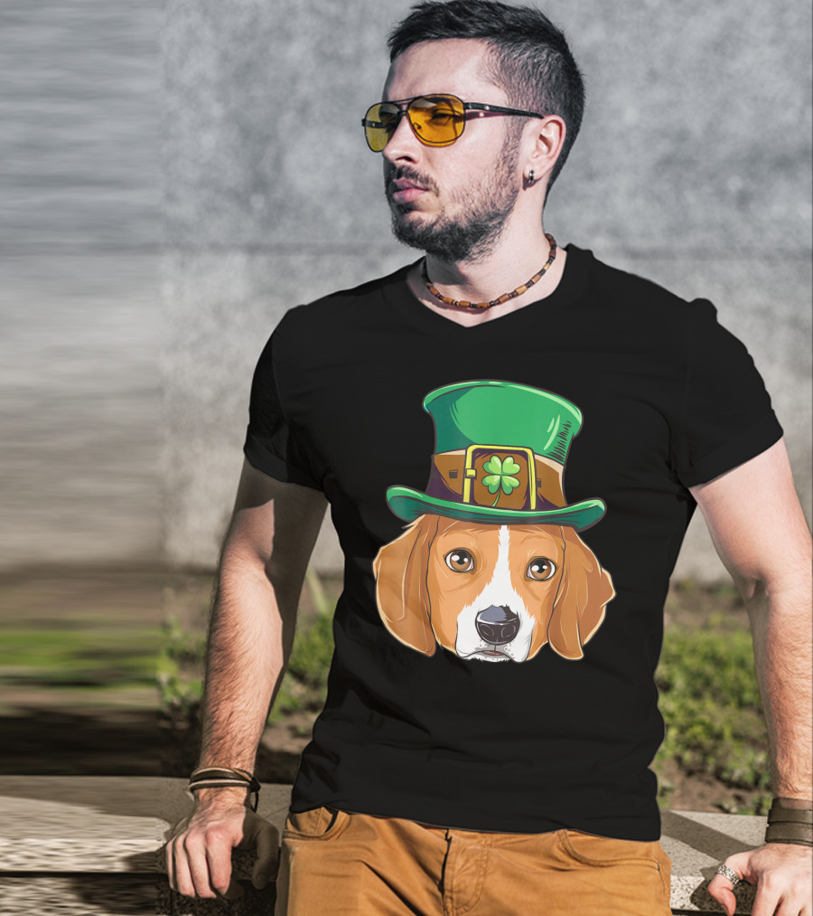 Beagle Wearing Leprechaun Hat With Shamrock T-Shirt