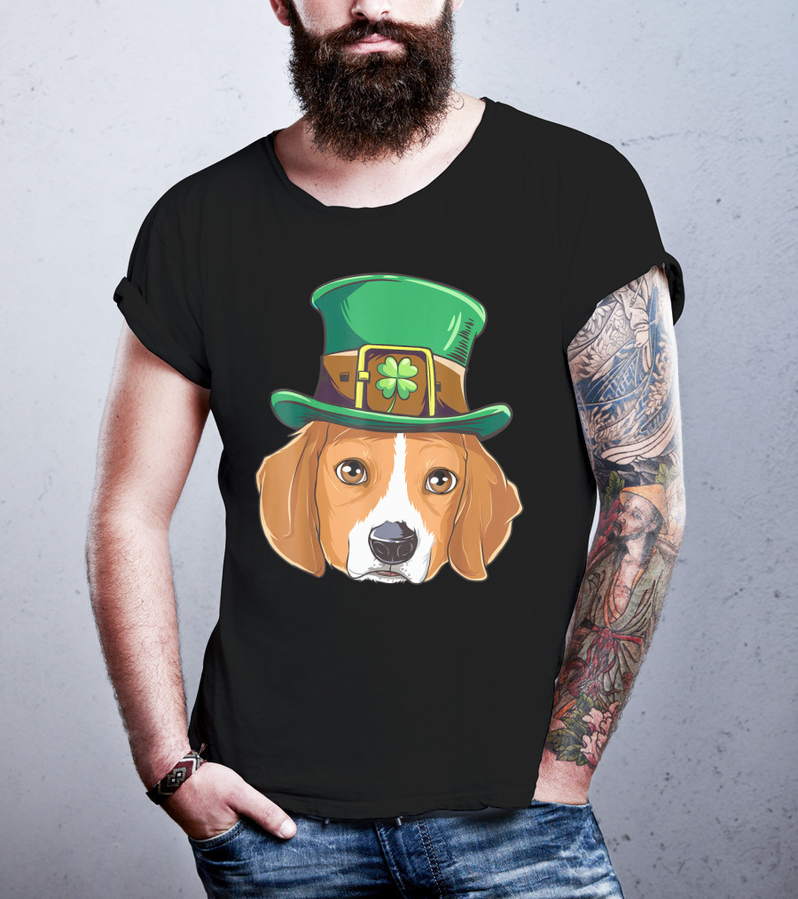 Beagle Wearing Leprechaun Hat With Shamrock T-Shirt
