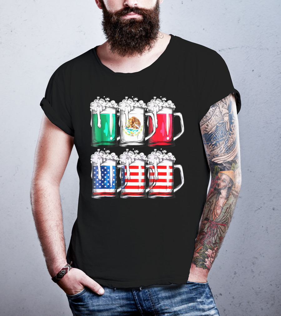 Beer Mugs Mexican American Flags Cinco De Mayo T-Shirt