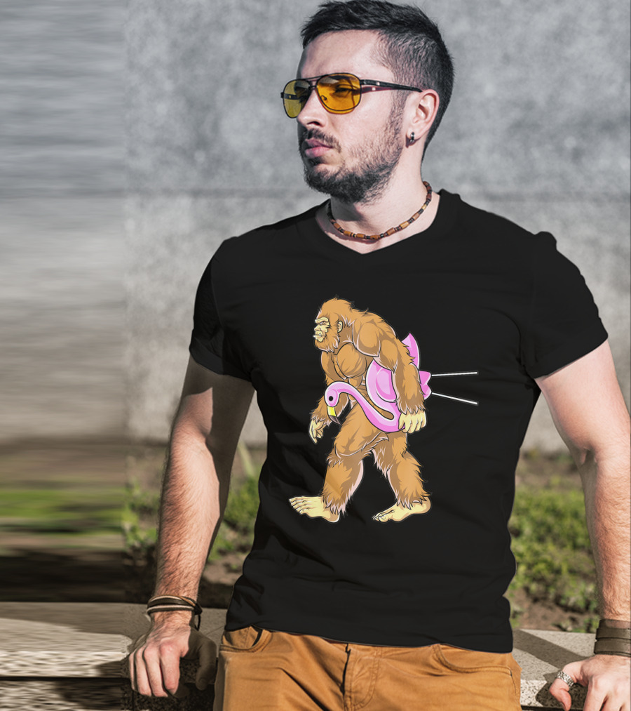 Bigfoot Carrying Pink Lawn Flamingo Humorous Sasquatch Image T-Shirt