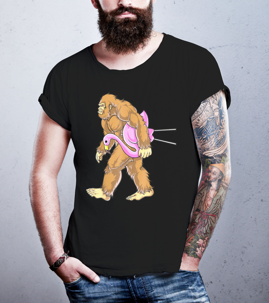 Bigfoot Carrying Pink Lawn Flamingo Humorous Sasquatch Image T-Shirt
