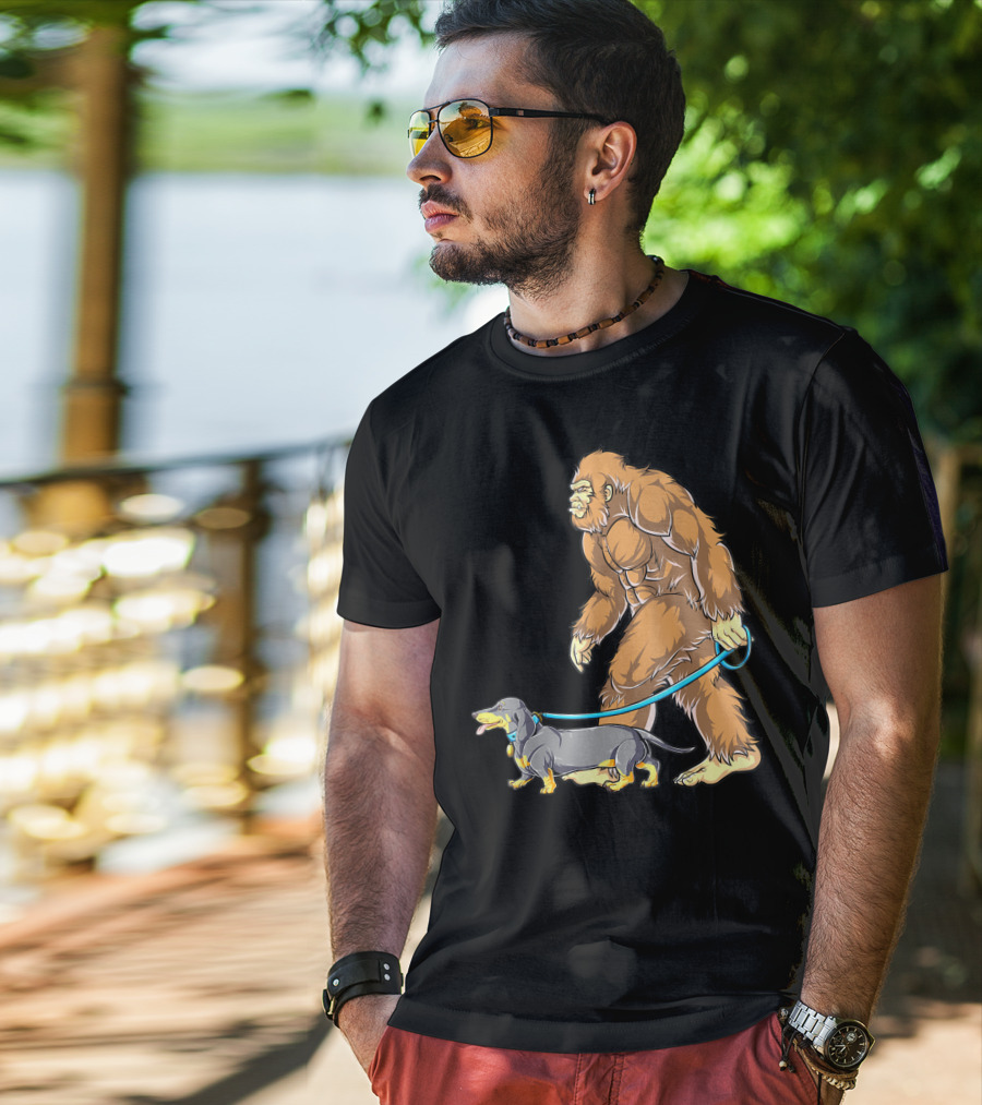 Bigfoot Sasquatch Walking Dachshund Dog T-Shirt