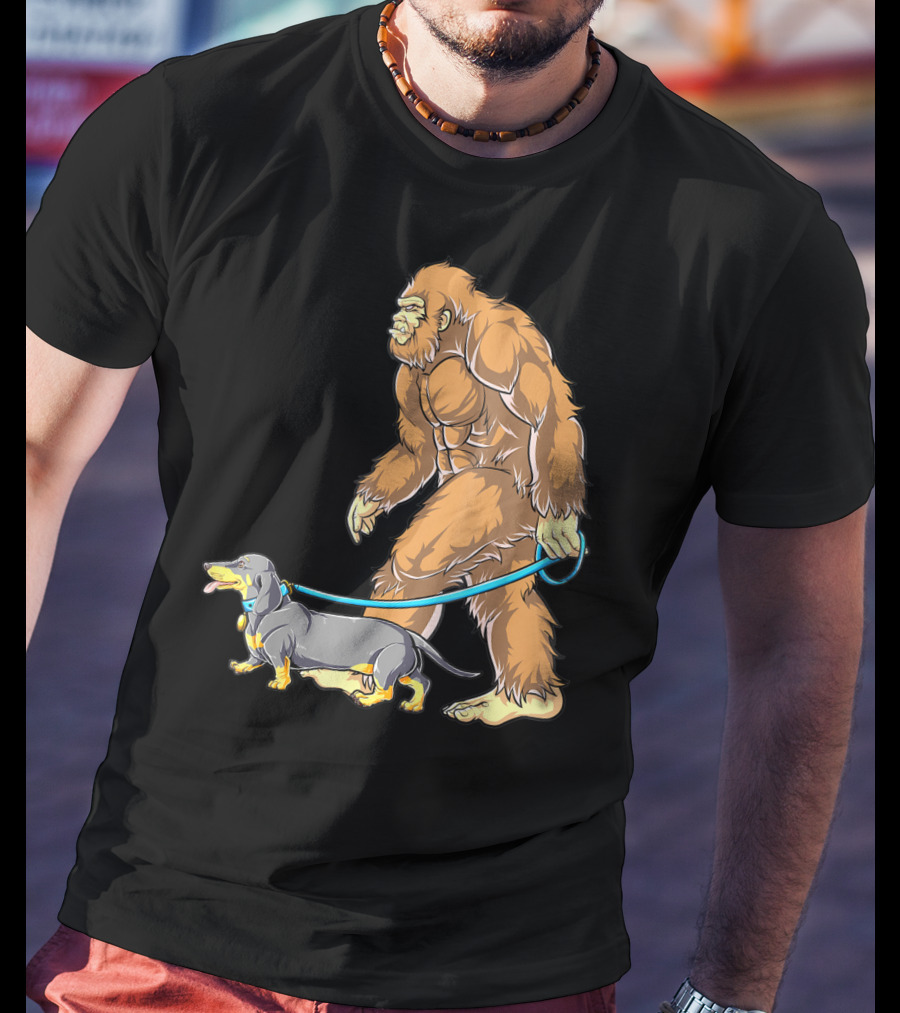 Bigfoot Sasquatch Walking Dachshund Dog T-Shirt