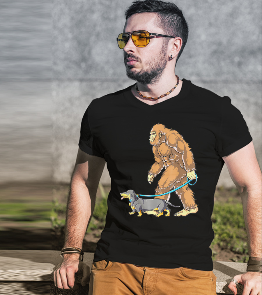 Bigfoot Sasquatch Walking Dachshund Dog T-Shirt
