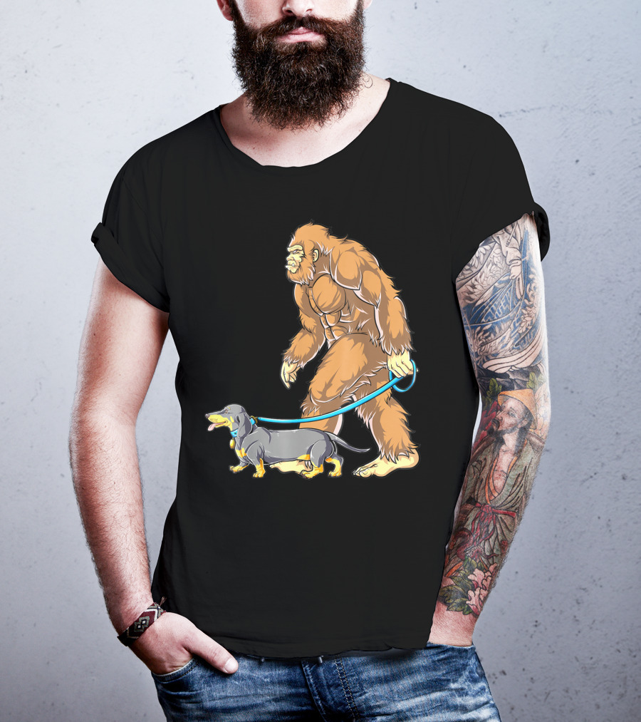 Bigfoot Sasquatch Walking Dachshund Dog T-Shirt
