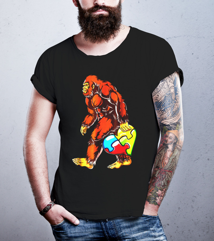 Bigfoot Holding Heart-Shaped Puzzle Piece For Autism Awareness T-Shirt