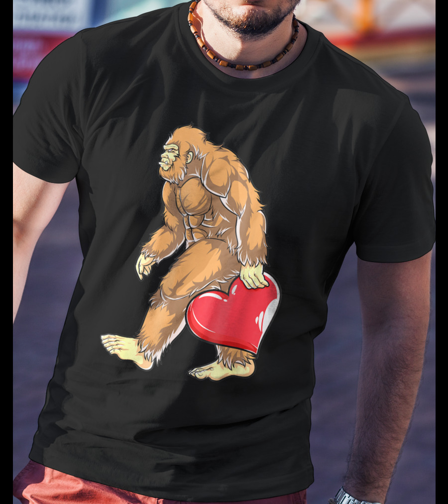 Valentine's Day Bigfoot Holding Heart Sasquatch Love For Men T-Shirt