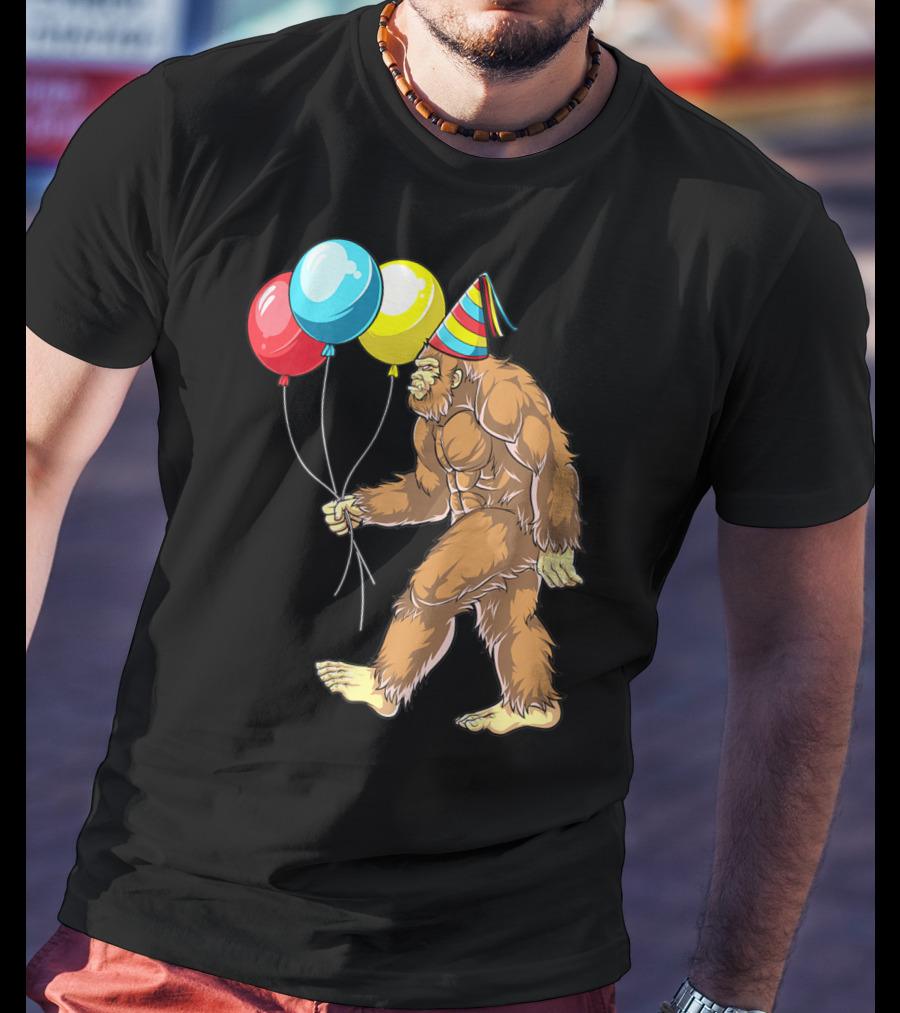 Bigfoot It's My Birthday Kids Boys Sasquatch Party With Balloons And Party Hat T-Shirt