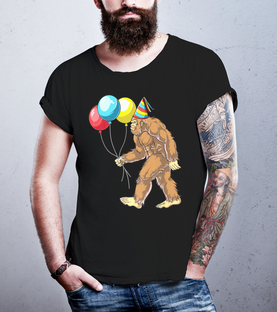 Bigfoot It's My Birthday Kids Boys Sasquatch Party With Balloons And Party Hat T-Shirt
