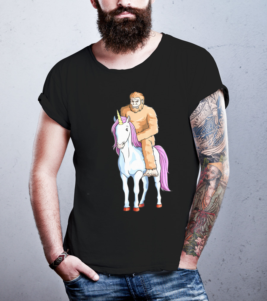 Bigfoot Sasquatch Riding Unicorn Mythical Creature Adventure T-Shirt