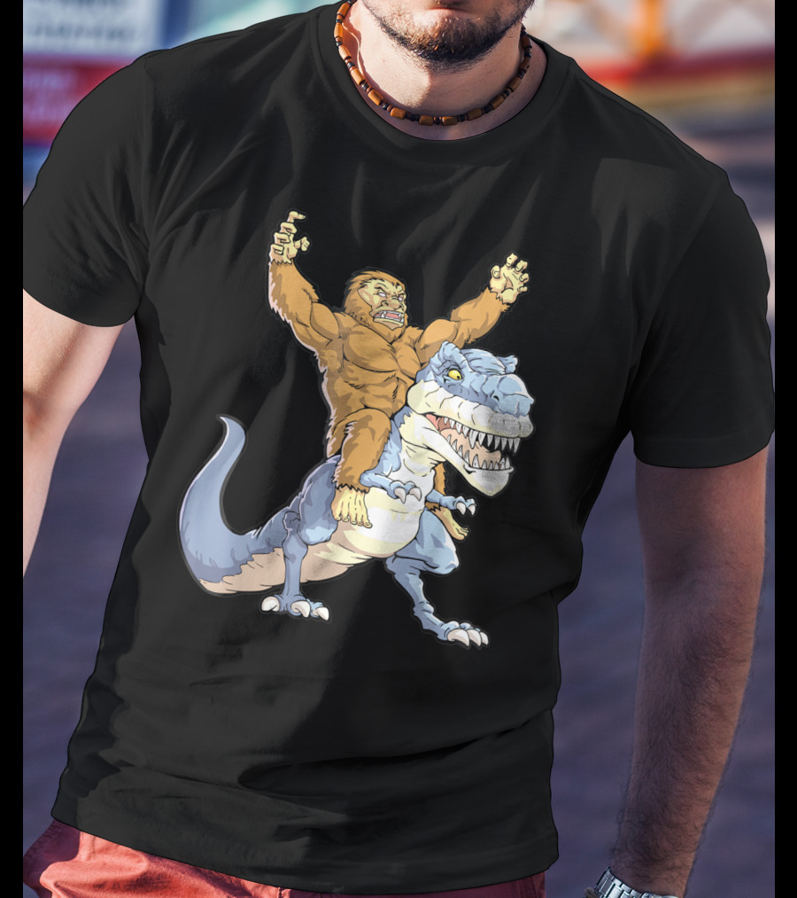 Bigfoot Sasquatch Riding Dinosaur Adventure T-Shirt
