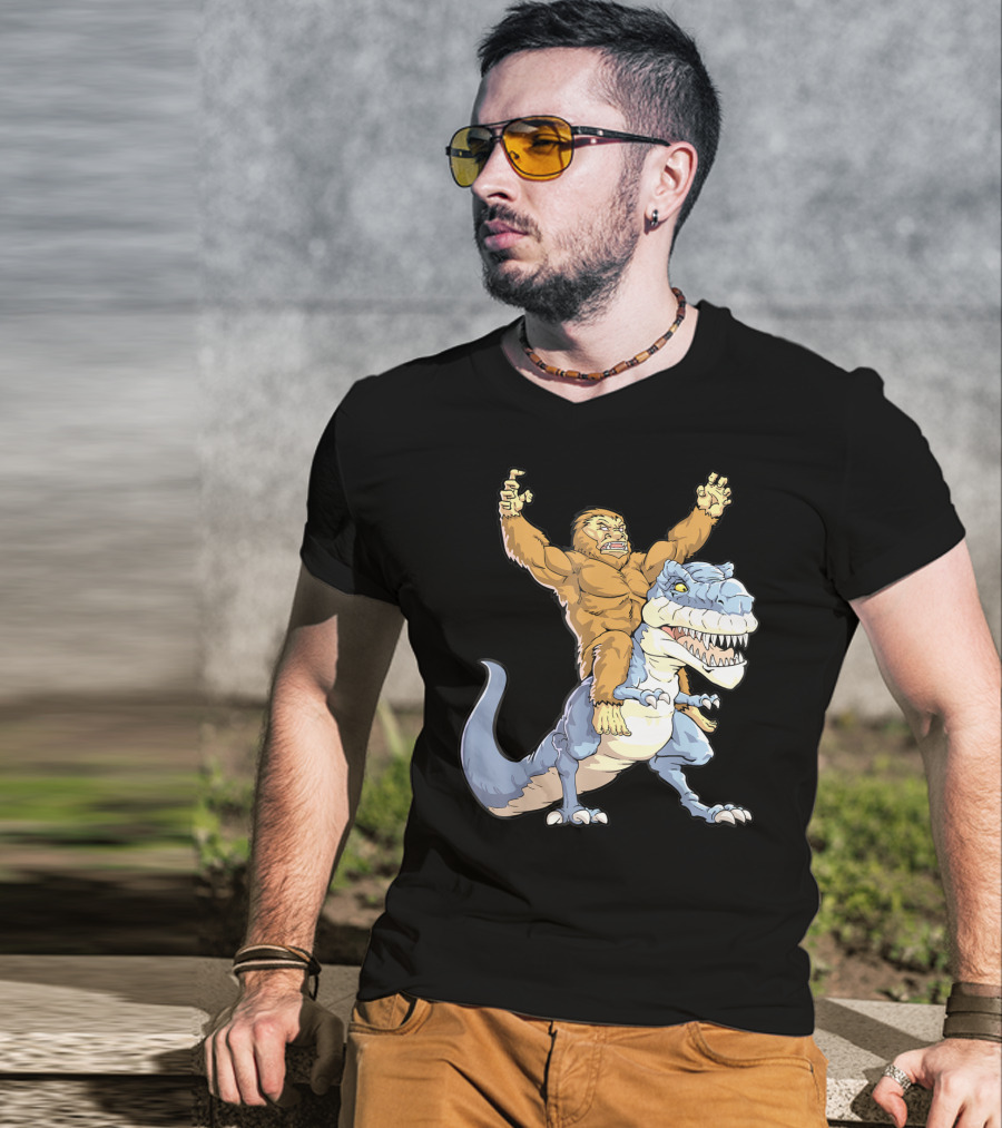 Bigfoot Sasquatch Riding Dinosaur Adventure T-Shirt