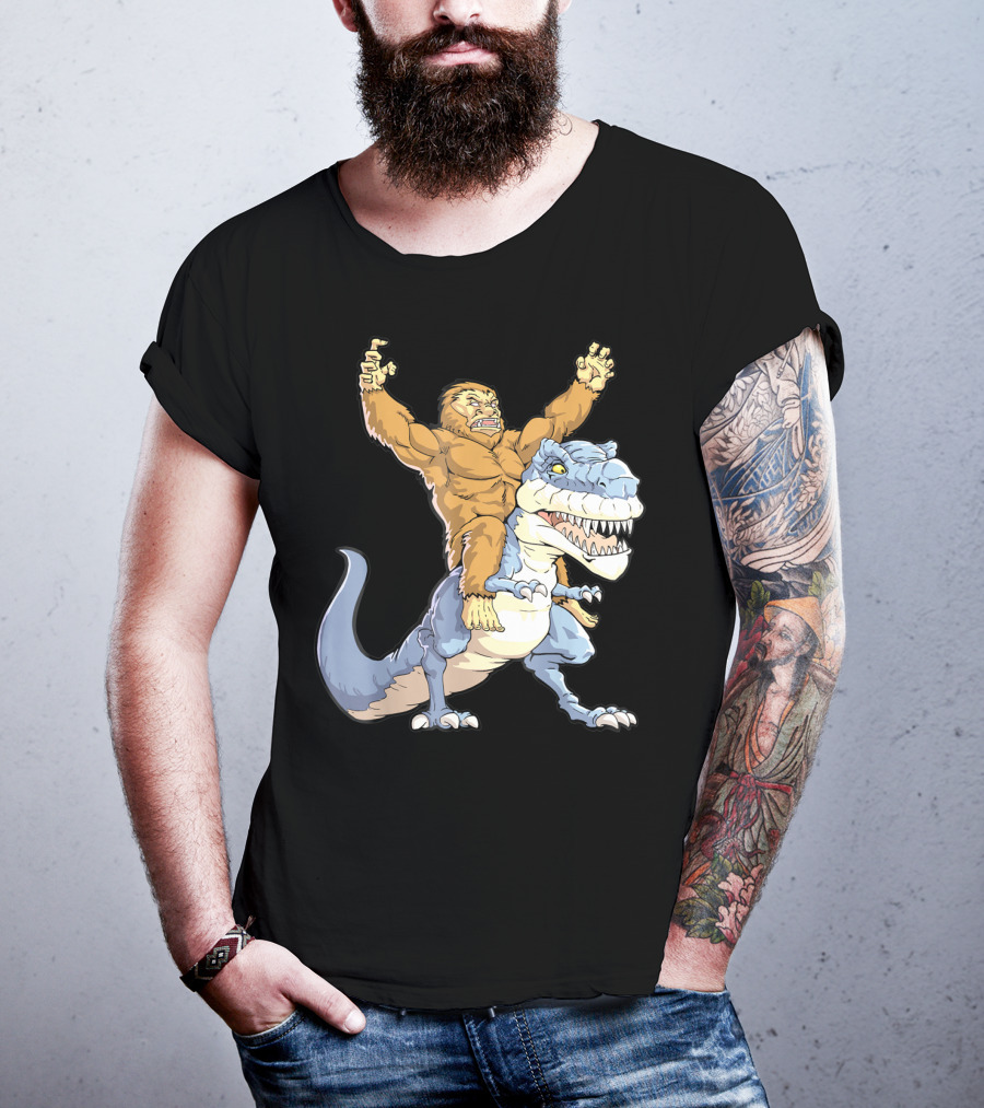 Bigfoot Sasquatch Riding Dinosaur Adventure T-Shirt
