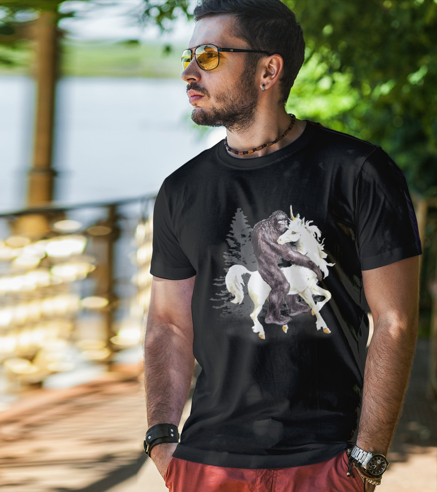 Bigfoot Sasquatch On A Unicorn In Mystical Forest Scene T-Shirt