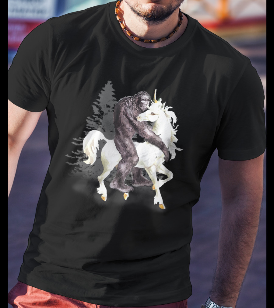 Bigfoot Sasquatch On A Unicorn In Mystical Forest Scene T-Shirt