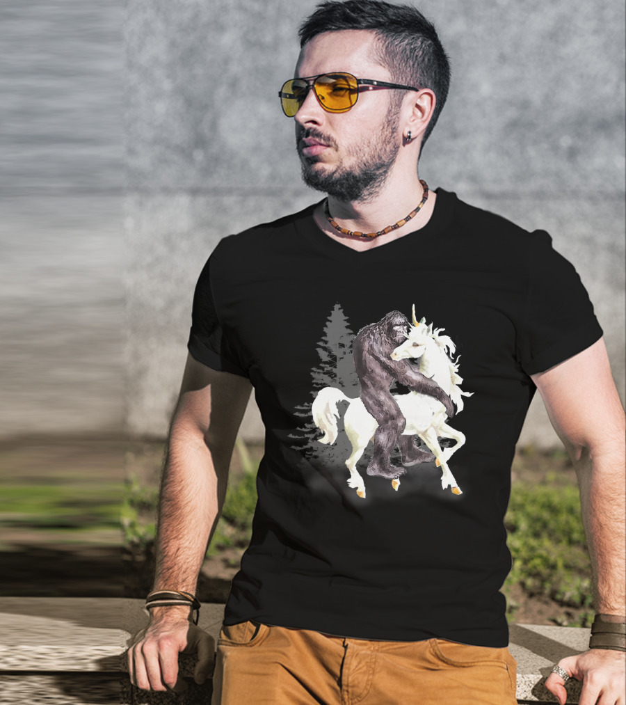 Bigfoot Sasquatch On A Unicorn In Mystical Forest Scene T-Shirt