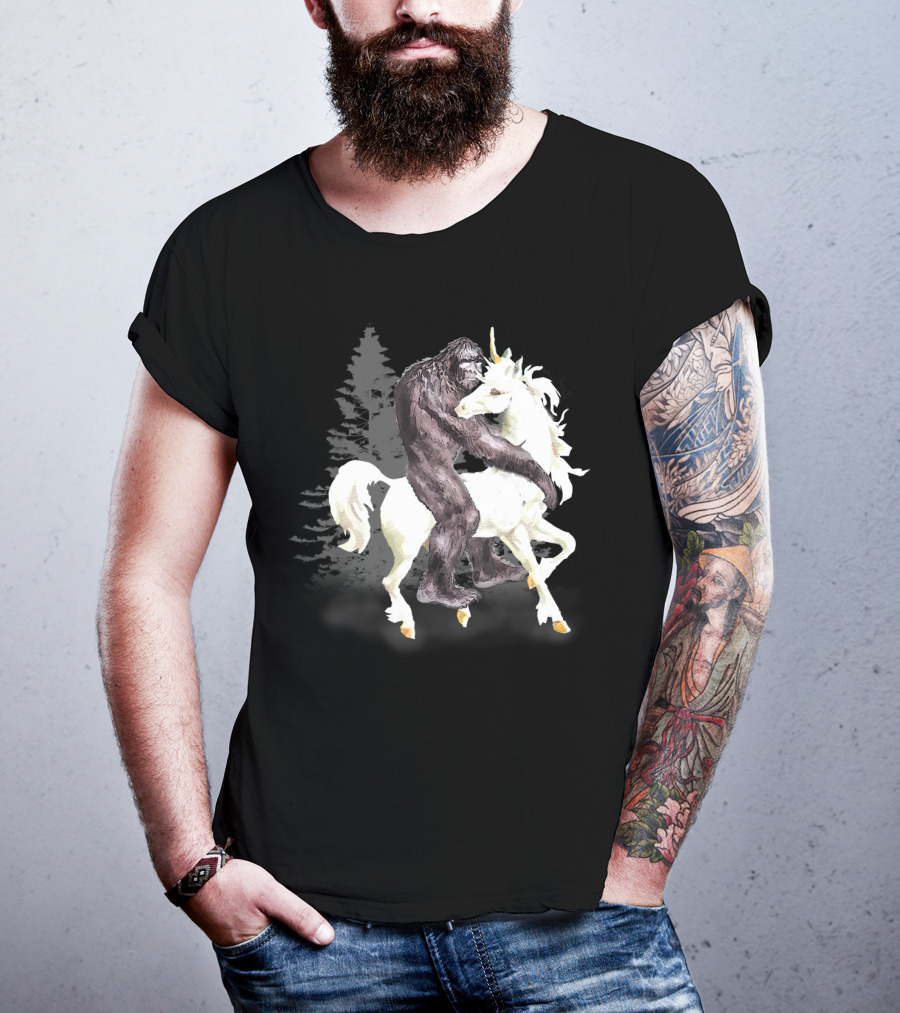 Bigfoot Sasquatch On A Unicorn In Mystical Forest Scene T-Shirt