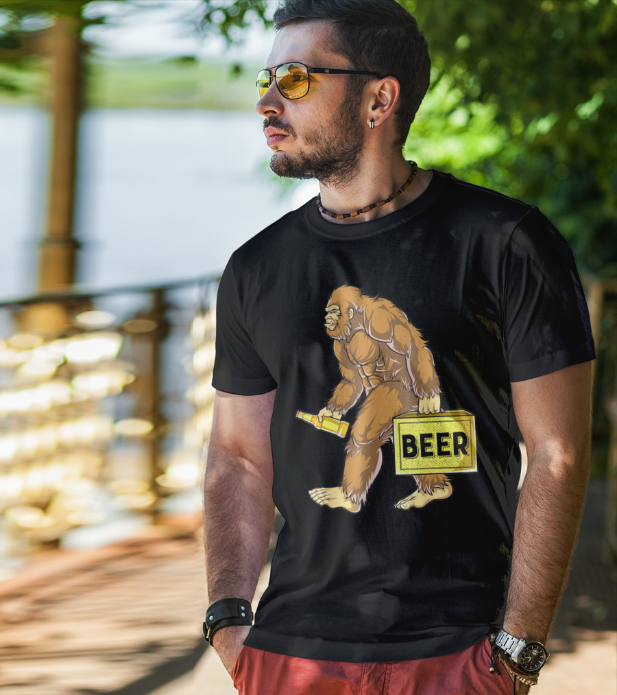 Bigfoot With Beer Funny Sasquatch Drinking Party Carrying Beer Box T-Shirt