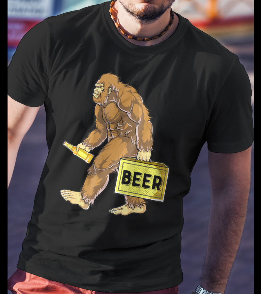 Bigfoot With Beer Funny Sasquatch Drinking Party Carrying Beer Box T-Shirt