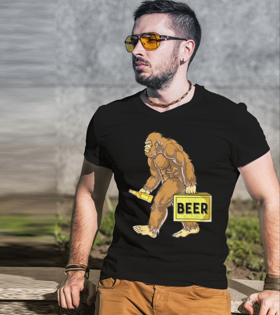 Bigfoot With Beer Funny Sasquatch Drinking Party Carrying Beer Box T-Shirt