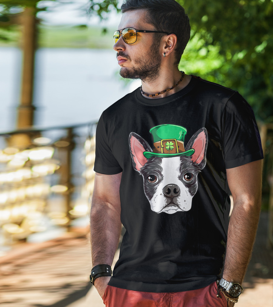 Boston Terrier St Patricks Day Leprechaun Dog With Green Hat T-Shirt