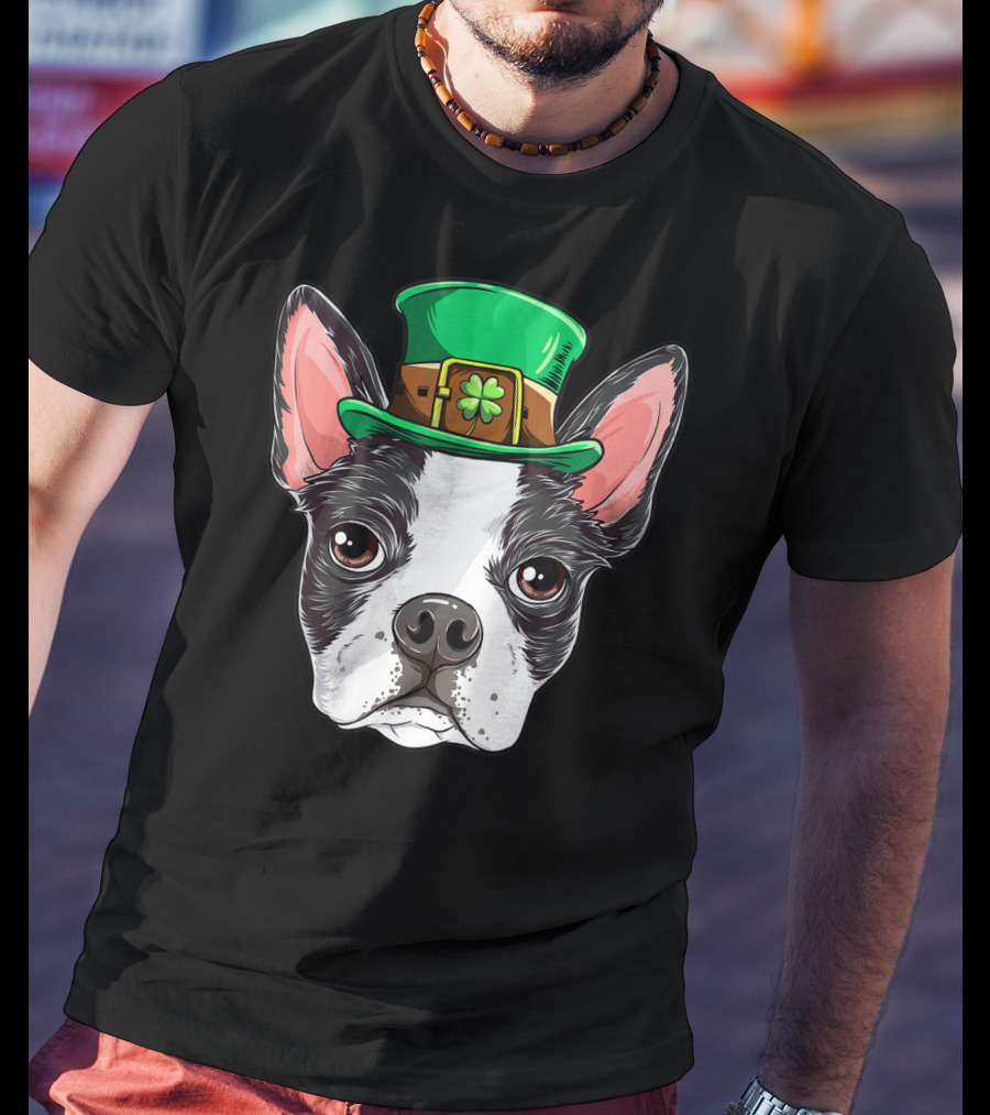 Boston Terrier St Patricks Day Leprechaun Dog With Green Hat T-Shirt