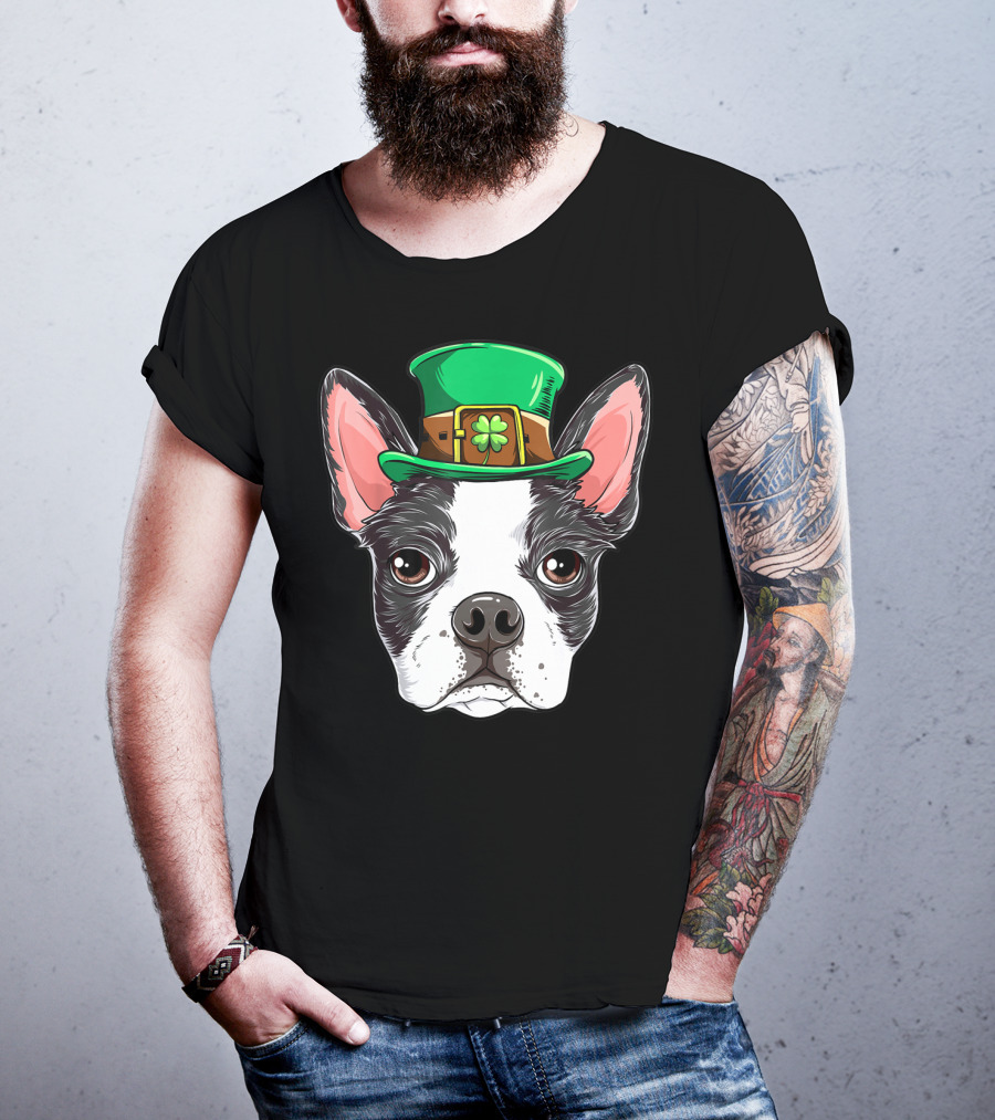 Boston Terrier St Patricks Day Leprechaun Dog With Green Hat T-Shirt