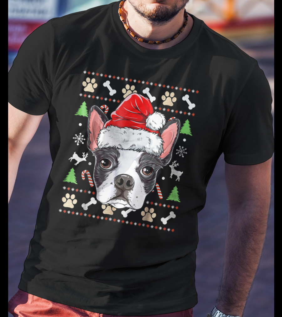 Boston Terrier Christmas Santa Hat Dog With Bones And Tree T-Shirt